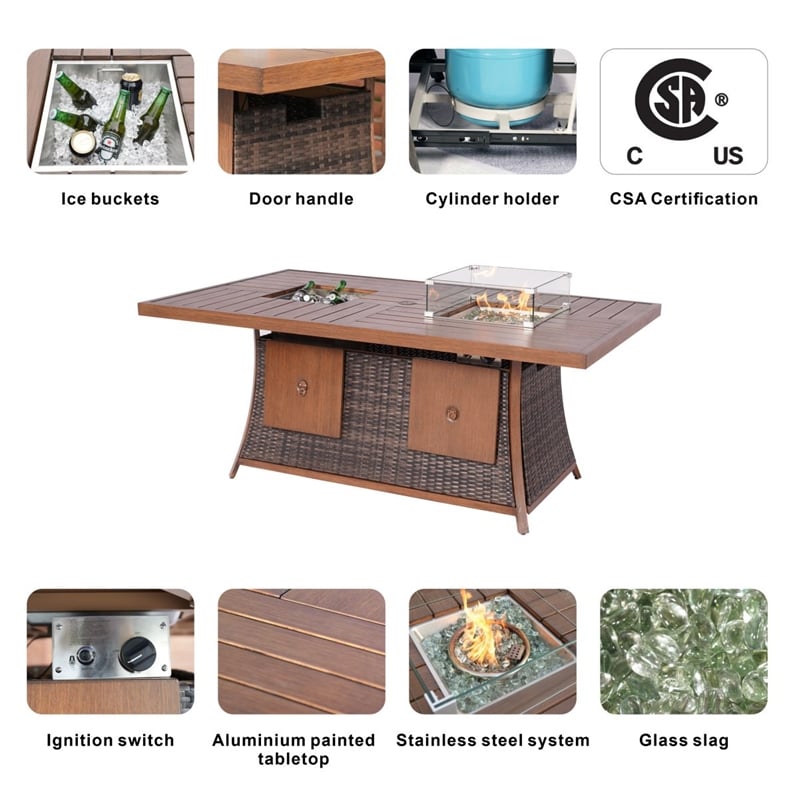 7-Piece Brown Rattan Seating Sofa Set with Firepit and Ice Container Table