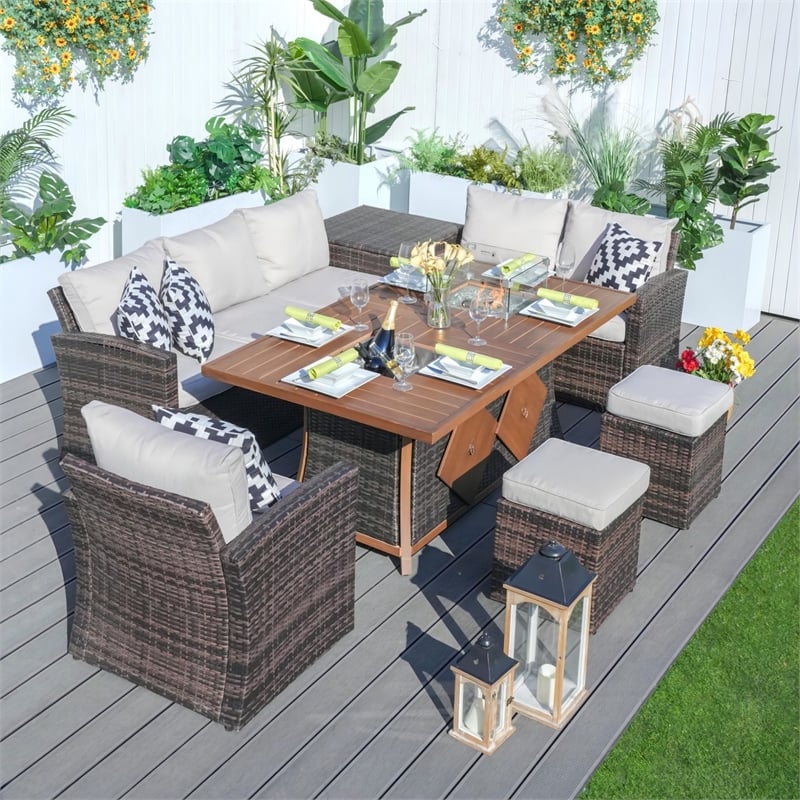7-Piece Brown Rattan Seating Sofa Set with Firepit and Ice Container Table