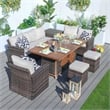 7-Piece Brown Rattan Seating Sofa Set with Firepit and Ice Container Table