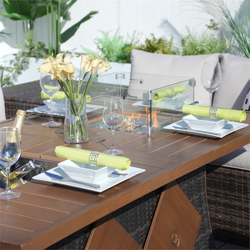 7-Piece Brown Rattan Seating Sofa Set with Firepit and Ice Container Table