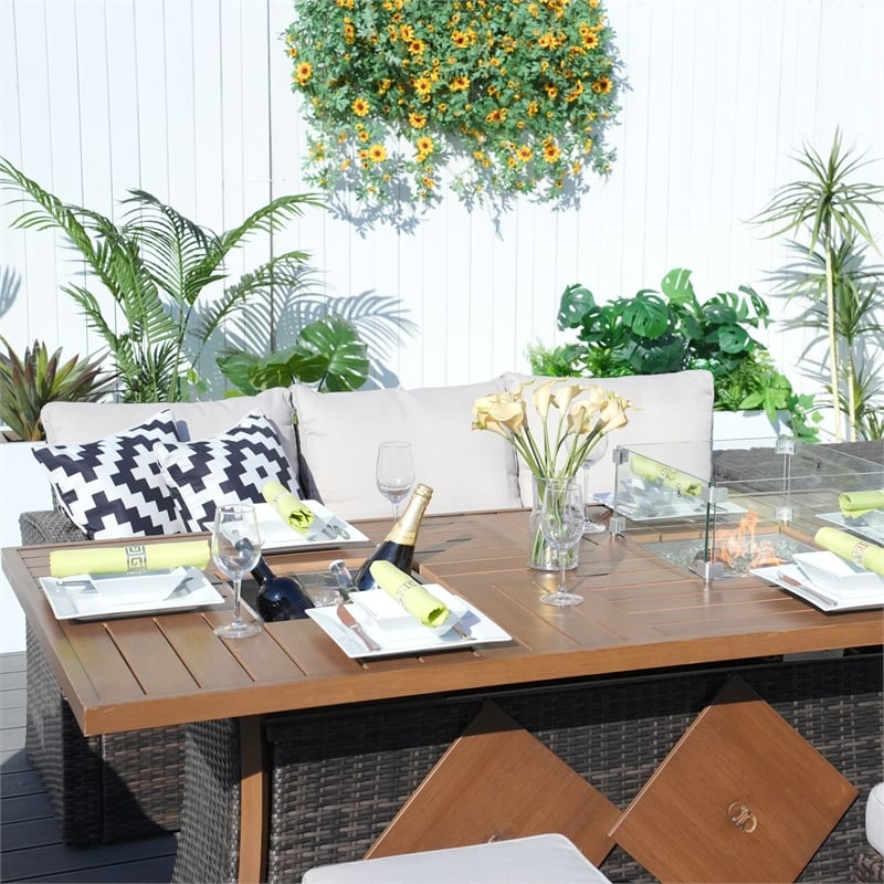 7-Piece Brown Rattan Seating Sofa Set with Firepit and Ice Container Table