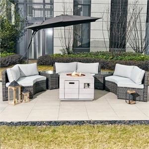Direct Wicker Rattan Halfmoon Sectional Sofa Set with Square Firepit Table -Gray
