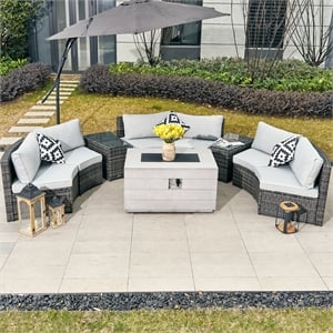 9-Pieces Gray Rattan Halfmoon Sectional Sofa Set with Rectangle Firepit Table