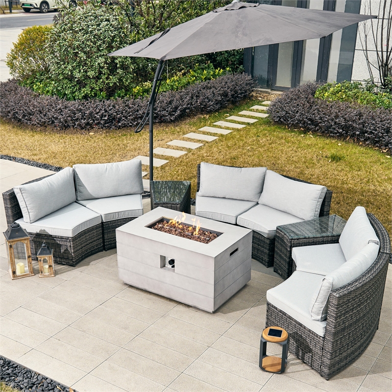 9-Pieces Gray Rattan Halfmoon Sectional Sofa Set with Rectangle Firepit Table