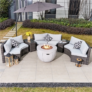 Direct Wicker 9-Pieces Gray Halfmoon Sectional Sofa Set with Round Firepit Table