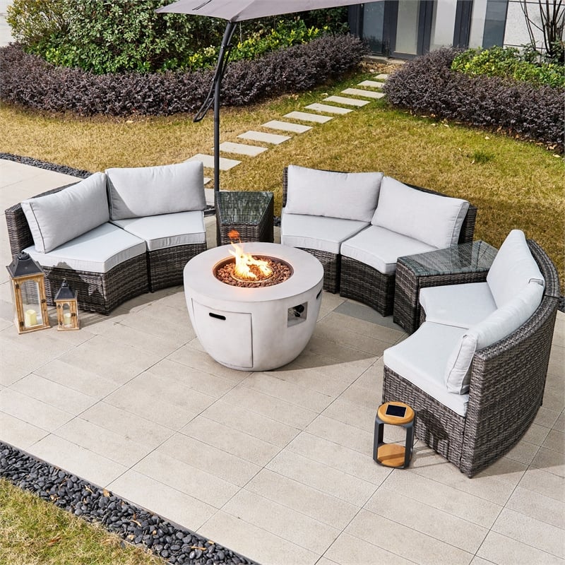 Direct Wicker 9-Pieces Gray Halfmoon Sectional Sofa Set with Round Firepit Table