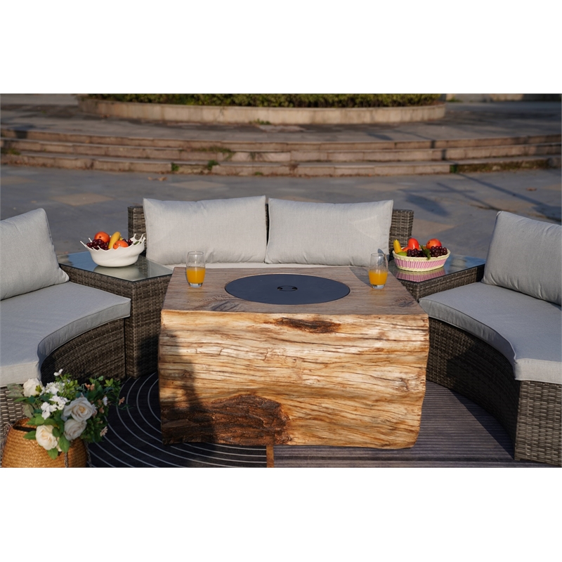 6-Pieces Gray Aluminum Halfmoon Sectional Seating with Rectangle Grain Firepit