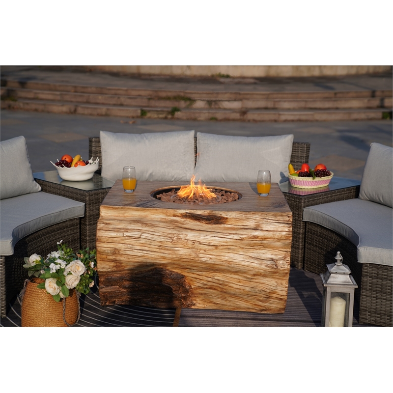 6-Pieces Gray Aluminum Halfmoon Sectional Seating with Rectangle Grain Firepit