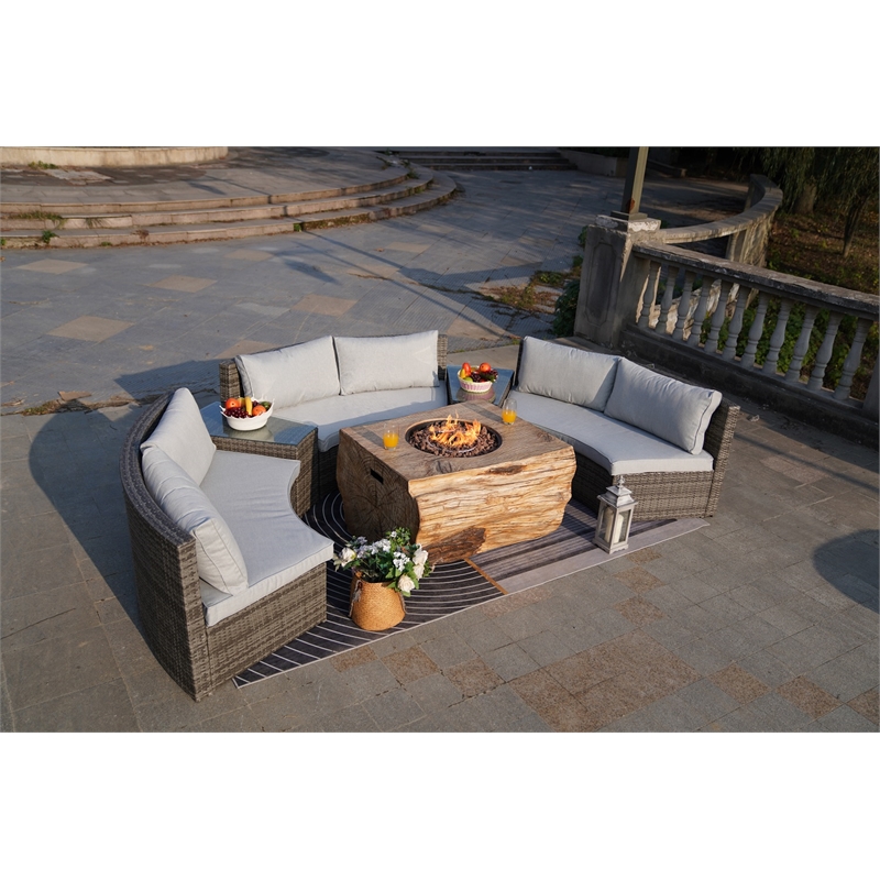 6-Pieces Gray Aluminum Halfmoon Sectional Seating with Rectangle Grain Firepit