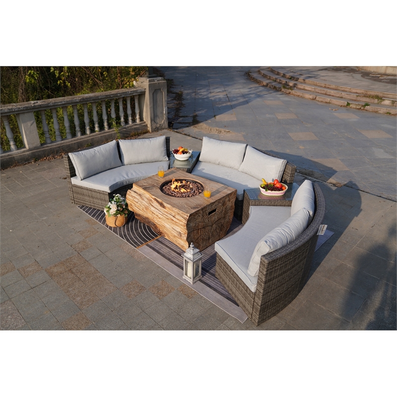 6-Pieces Gray Aluminum Halfmoon Sectional Seating with Rectangle Grain Firepit