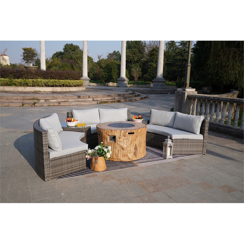 6-Pieces Gray Aluminum Halfmoon Sectional Seating with Round Grain Firepit