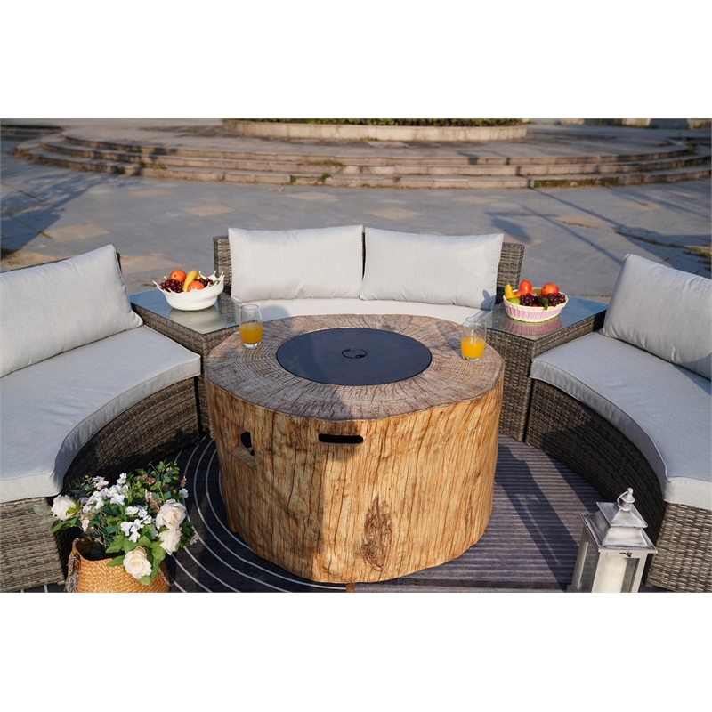 6-Pieces Gray Aluminum Halfmoon Sectional Seating with Round Grain Firepit