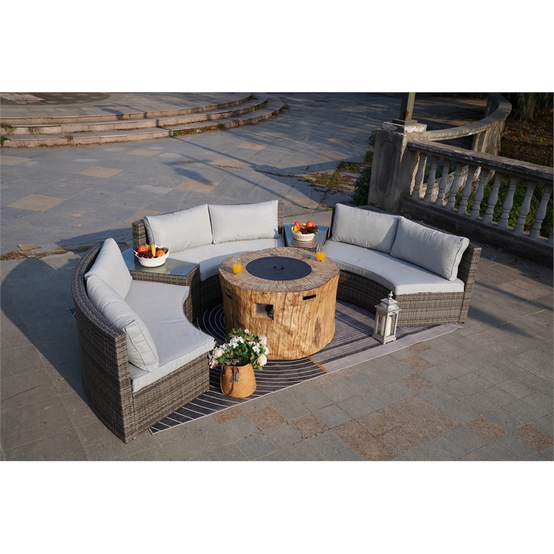 6-Pieces Gray Aluminum Halfmoon Sectional Seating with Round Grain Firepit