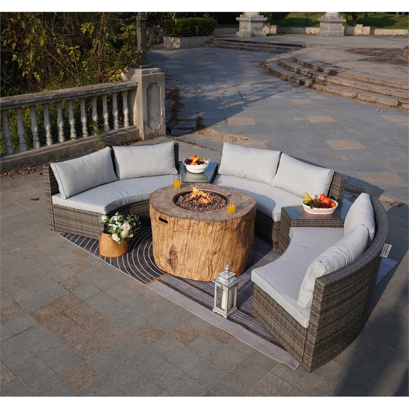6-Pieces Gray Aluminum Halfmoon Sectional Seating with Round Grain Firepit