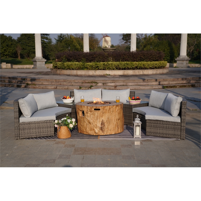 6-Pieces Gray Aluminum Halfmoon Sectional Seating with Round Grain Firepit