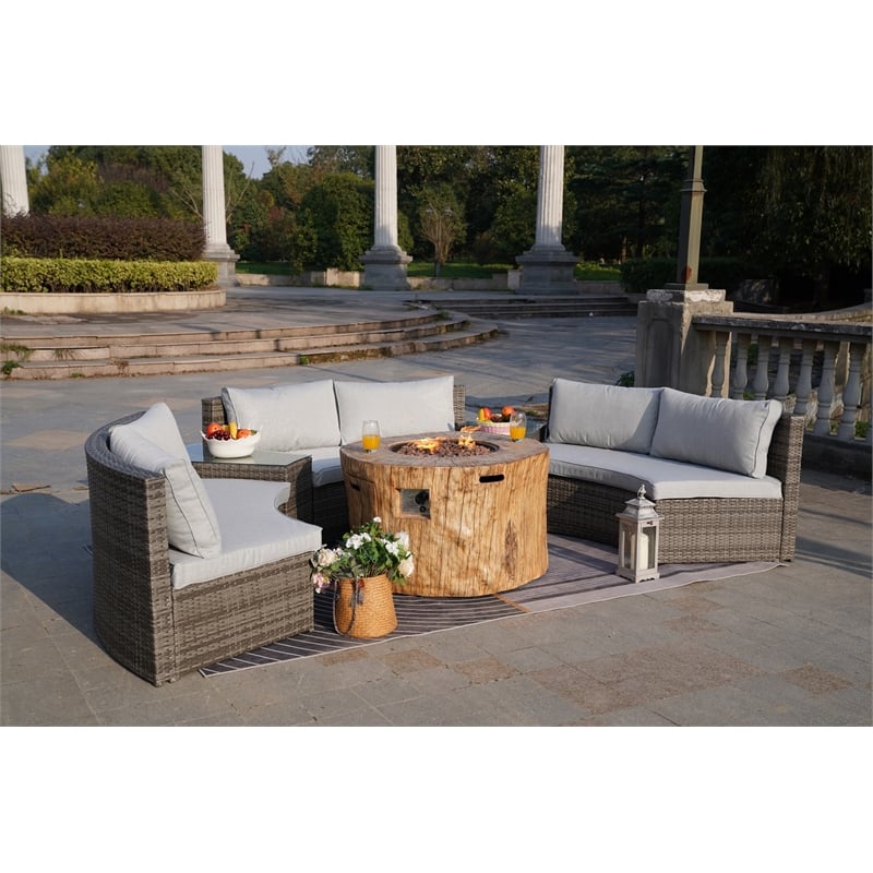 6-Pieces Gray Aluminum Halfmoon Sectional Seating with Round Grain Firepit