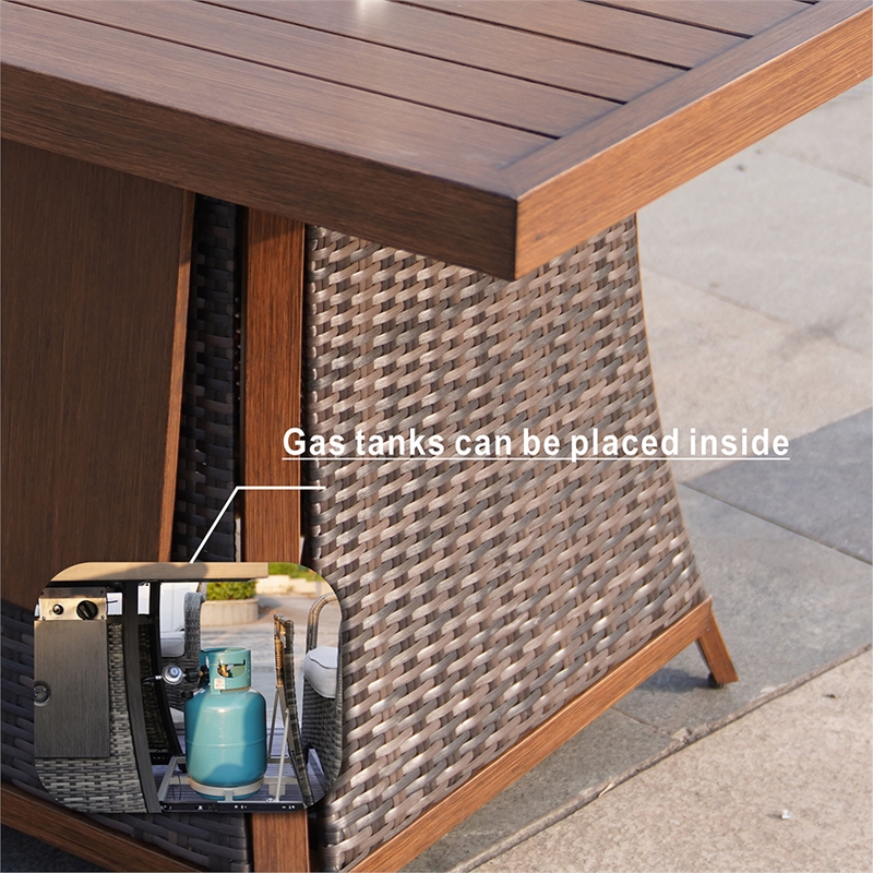 Brown Aluminum 6 Seat Rectangle Firepit and Ice Container Dining Set