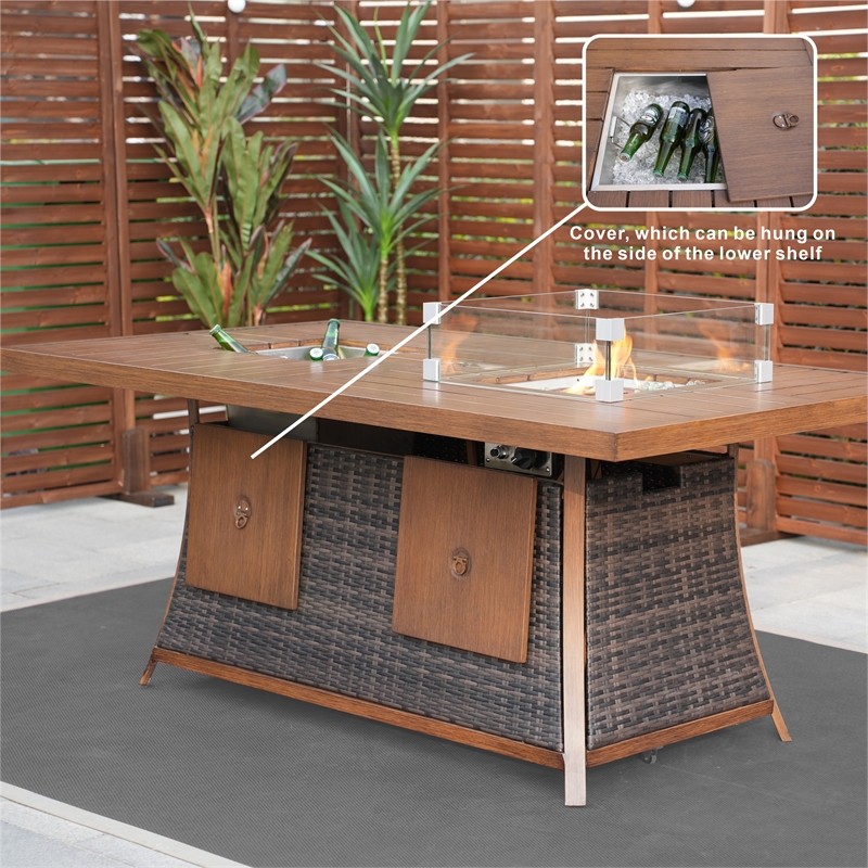 Brown Aluminum 6 Seat Rectangle Firepit and Ice Container Dining Set