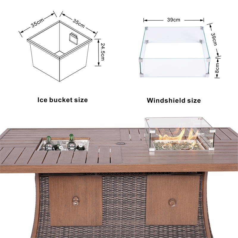 Brown Aluminum 6 Seat Rectangle Firepit and Ice Container Dining Set