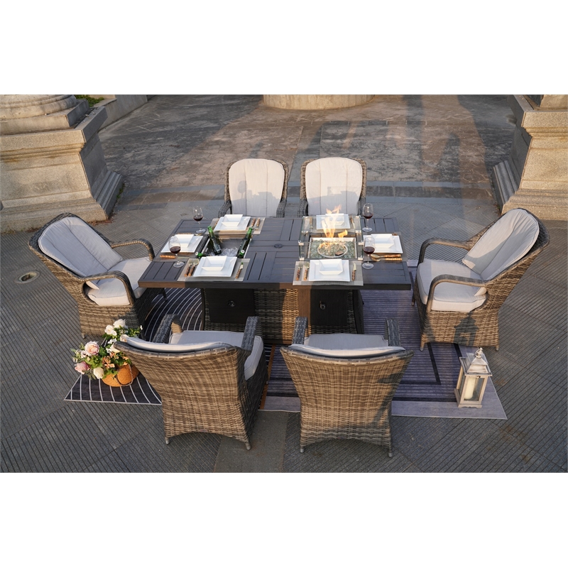 Gray Aluminum 6 Seat Rectangle Firepit and Ice Container Dining Set