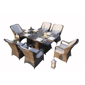 direct wicker 6 seat rectabgle firepit and ice container dining set in gray
