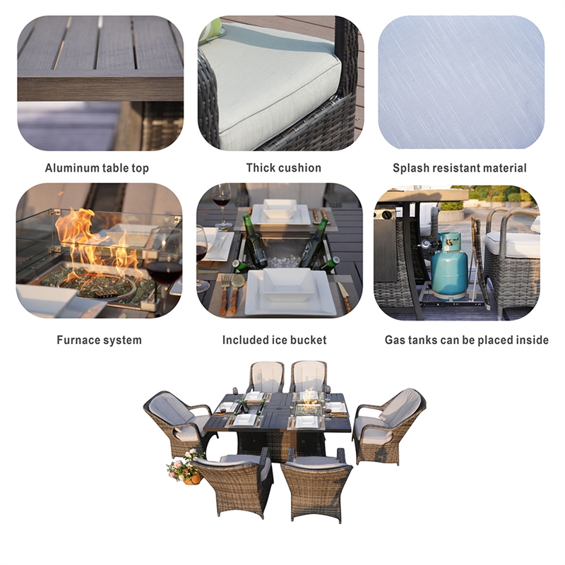 Gray Aluminum 6 Seat Rectangle Firepit and Ice Container Dining Set