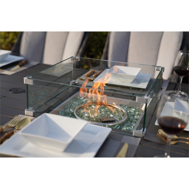 Gray Aluminum 6 Seat Rectangle Firepit and Ice Container Dining Set