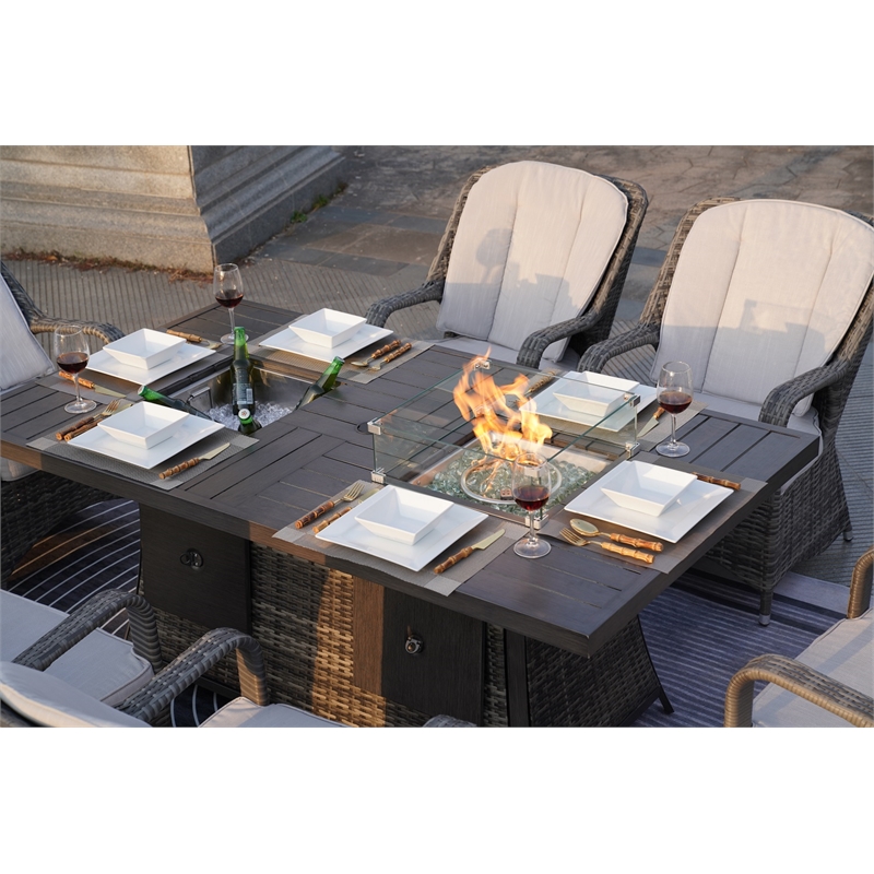 Gray Aluminum 6 Seat Rectangle Firepit and Ice Container Dining Set