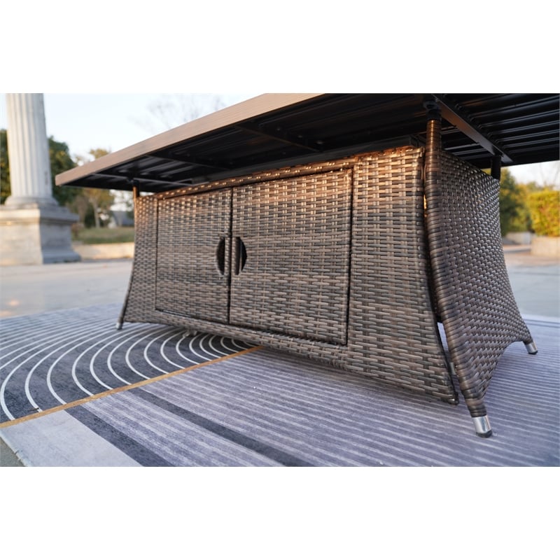 Brown Aluminum 6-Seat Patio Rectangle Firepit Dining Set with Chairs
