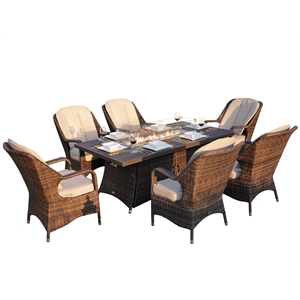 direct wicker 6-seat rectabgle firepit dining set with dining chairs in brown