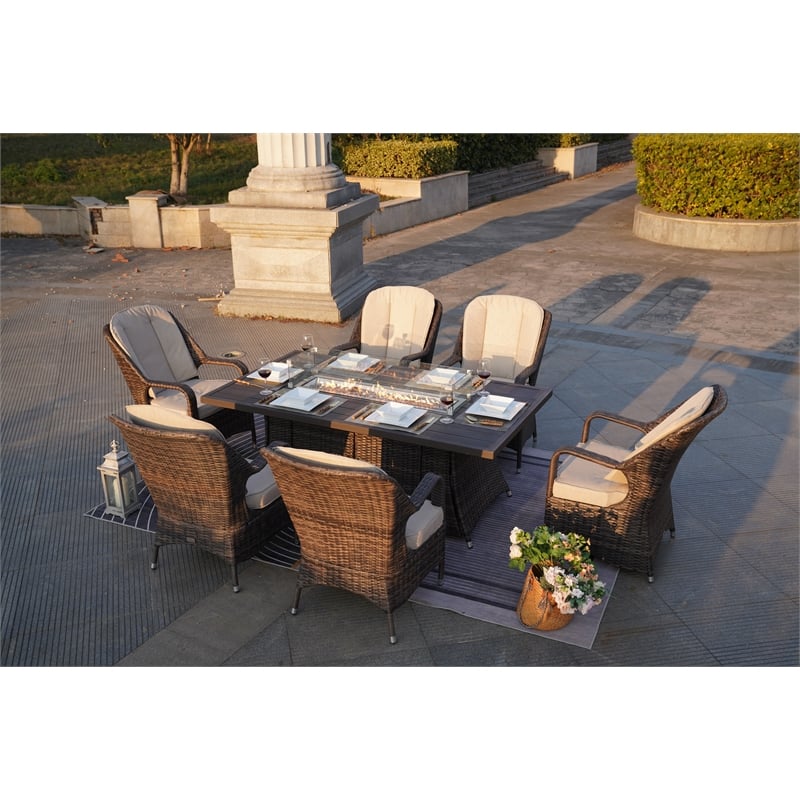 Brown Aluminum 6-Seat Patio Rectangle Firepit Dining Set with Chairs