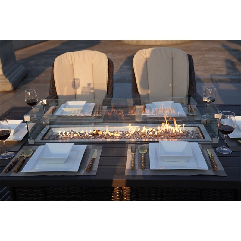 Brown Aluminum 6-Seat Patio Rectangle Firepit Dining Set with Chairs