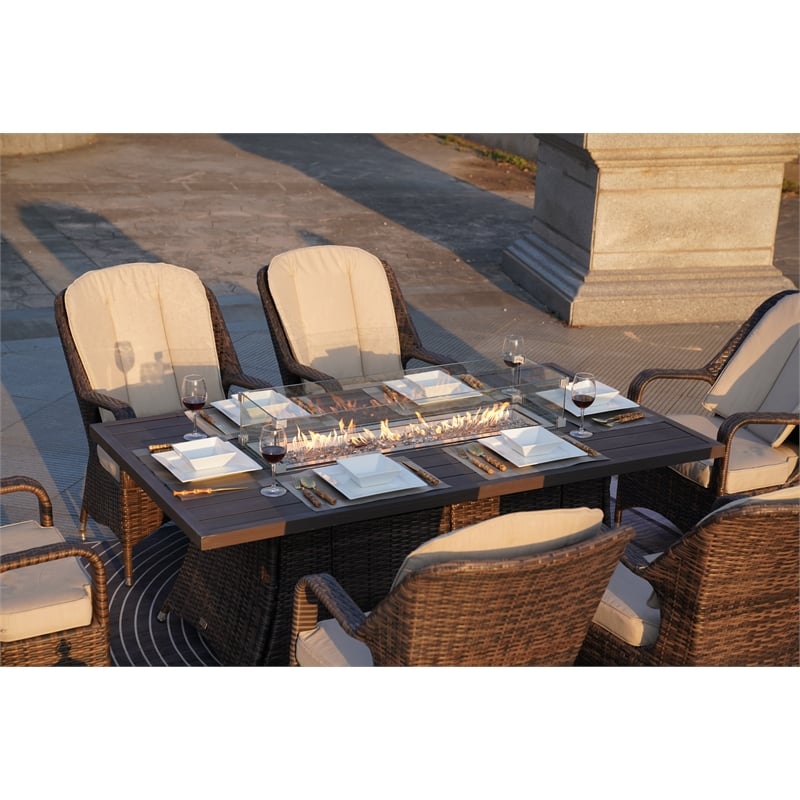 Brown Aluminum 6-Seat Patio Rectangle Firepit Dining Set with Chairs