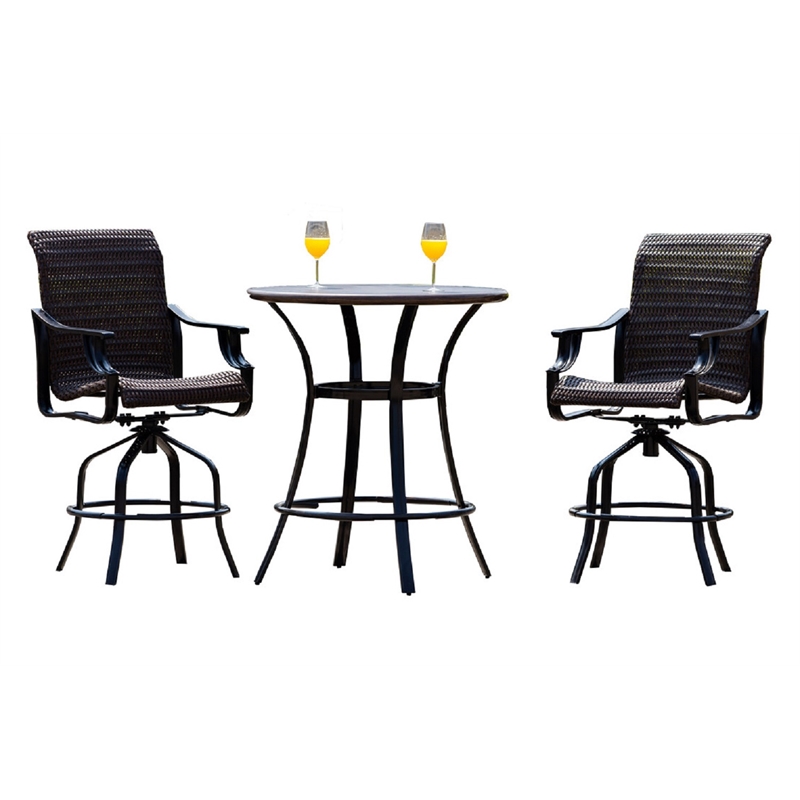 Direct Wicker 3PC Aluminum and Rattan Outdoor Serving Bar Set in Brown/Black