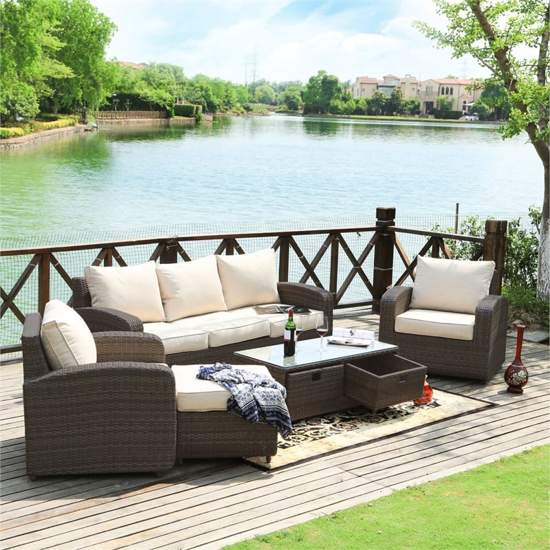 Direct Wicker Outdoor Furniture 5PCS Conversation Sets in Brown with Cushions