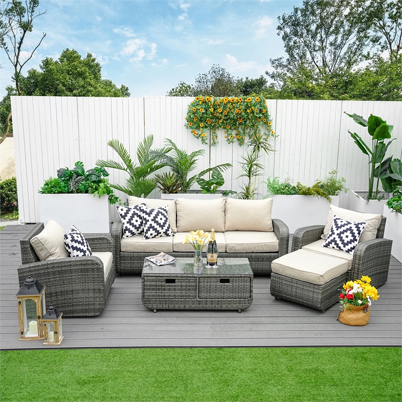 Direct Wicker Garden Furniture 5PCS Rattan Sectionals Sofas in Gray with Cushion