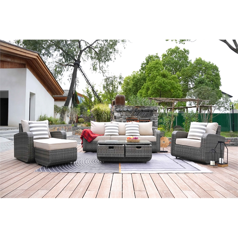 Direct Wicker Garden Furniture 5PCS Rattan Sectionals Sofas in Gray with Cushion