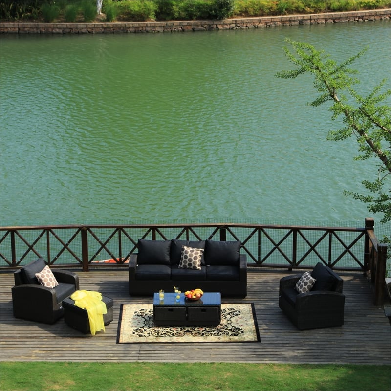 Direct Wicker Living Room Sets 5PCS Rattan Reception Sofas in Black with Cushion