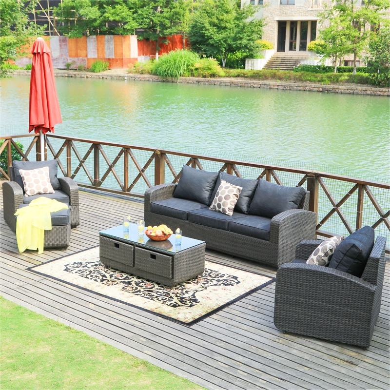 Direct Wicker Living Room Sets 5PCS Rattan Reception Sofas in Black with Cushion