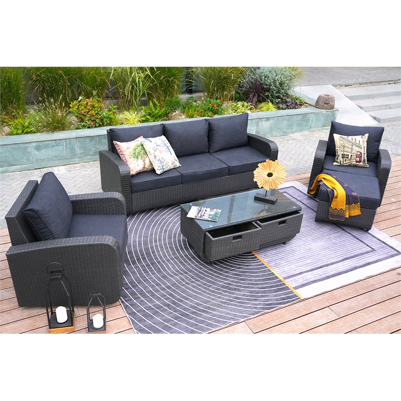 Direct Wicker Living Room Sets 5PCS Rattan Reception Sofas in Black with Cushion
