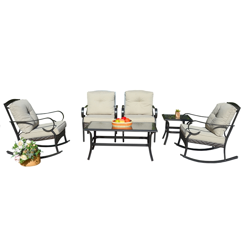 Direct Wicker Patio Garden Metal Seating Set 4 with Beige Cushions