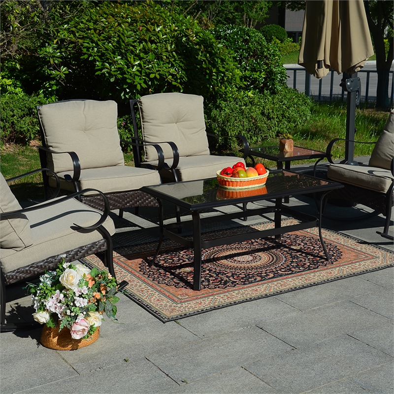 Direct Wicker Patio Garden Metal Seating Set 4 with Beige Cushions