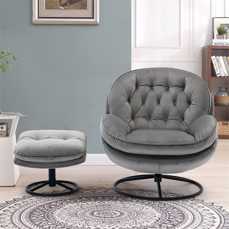 Elizabeth Gray Velvet Living Room Accent Chair Set with Ottoman