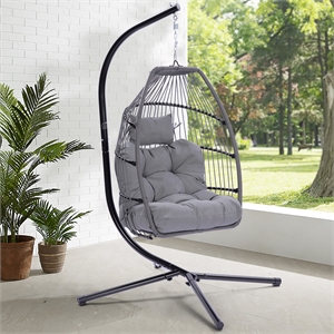 outdoor gray wicker basket folding hanging swing egg chair with gray cushion