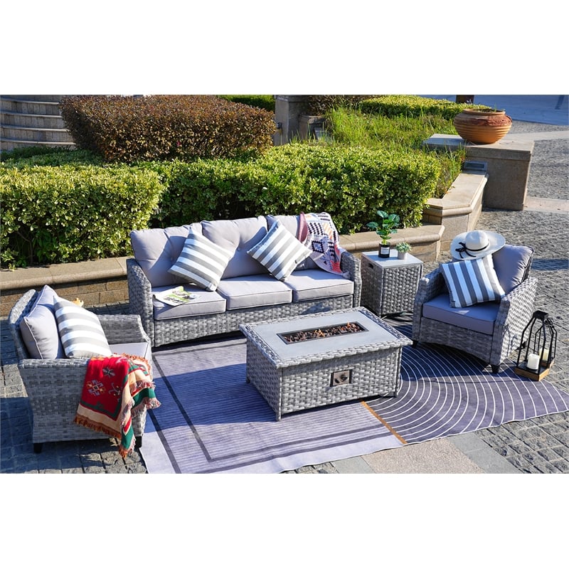 5-Pieces Gray Rattan Patio Sofa Set with Fire Pit Table and Beige Cushions