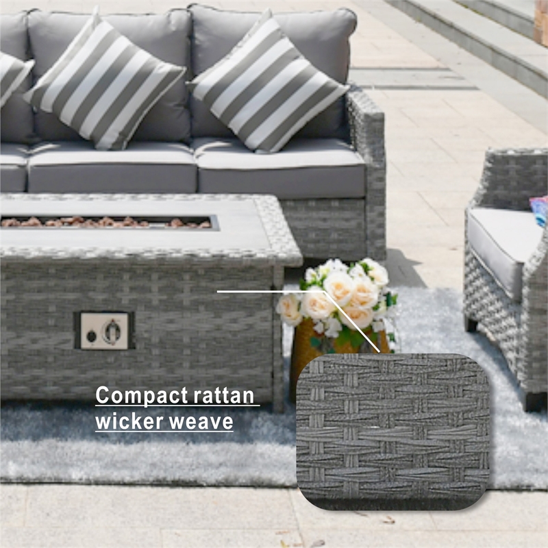 5-Pieces Gray Rattan Patio Sofa Set with Fire Pit Table and Beige Cushions