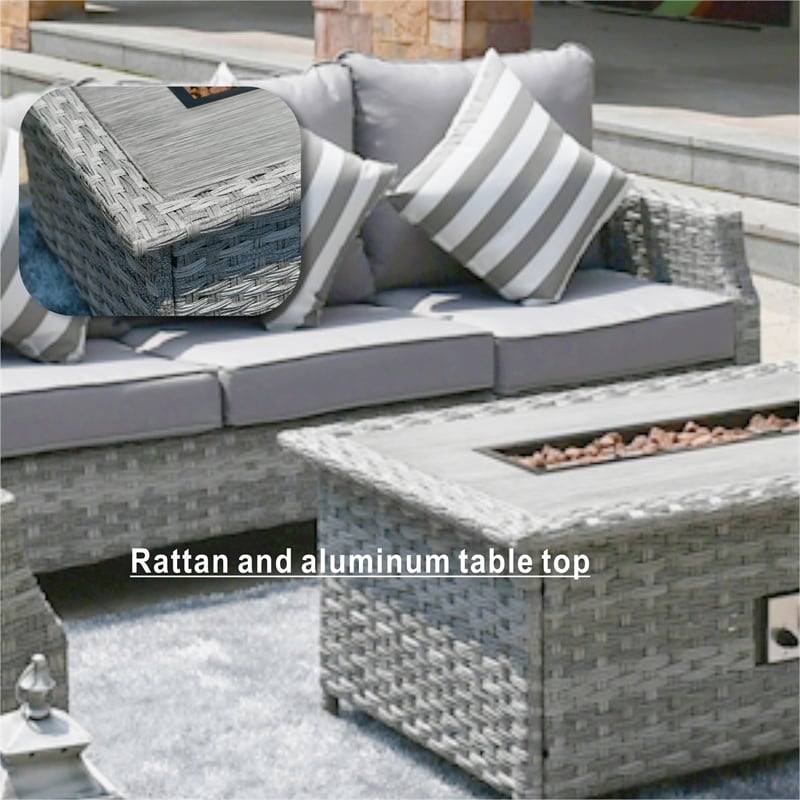 5-Pieces Gray Rattan Patio Sofa Set with Fire Pit Table and Beige Cushions