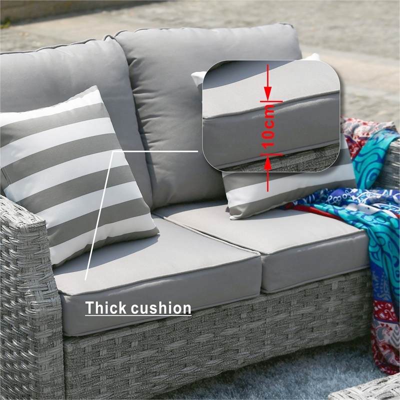 5-Pieces Gray Rattan Patio Sofa Set with Fire Pit Table and Beige Cushions
