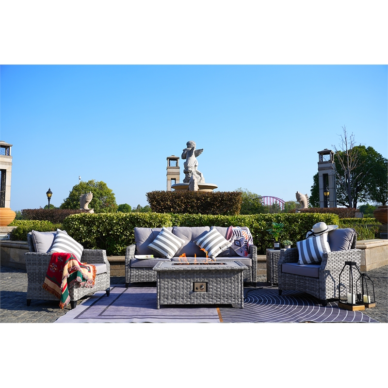 5-Pieces Gray Rattan Patio Sofa Set with Fire Pit Table and Beige Cushions
