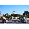 5-Pieces Gray Rattan Patio Sofa Set with Fire Pit Table and Beige Cushions